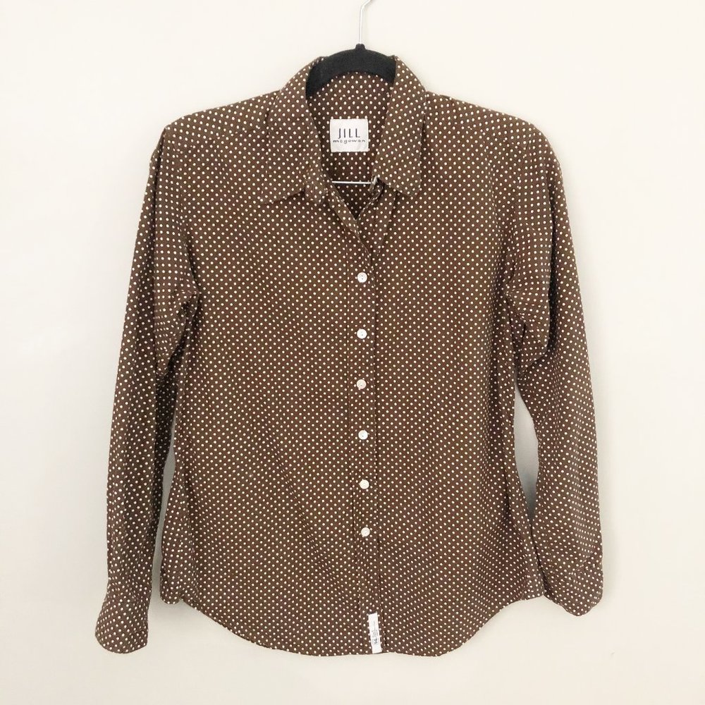 Jill Mcgowan polka dot button up blouse dark brown cotton top size small